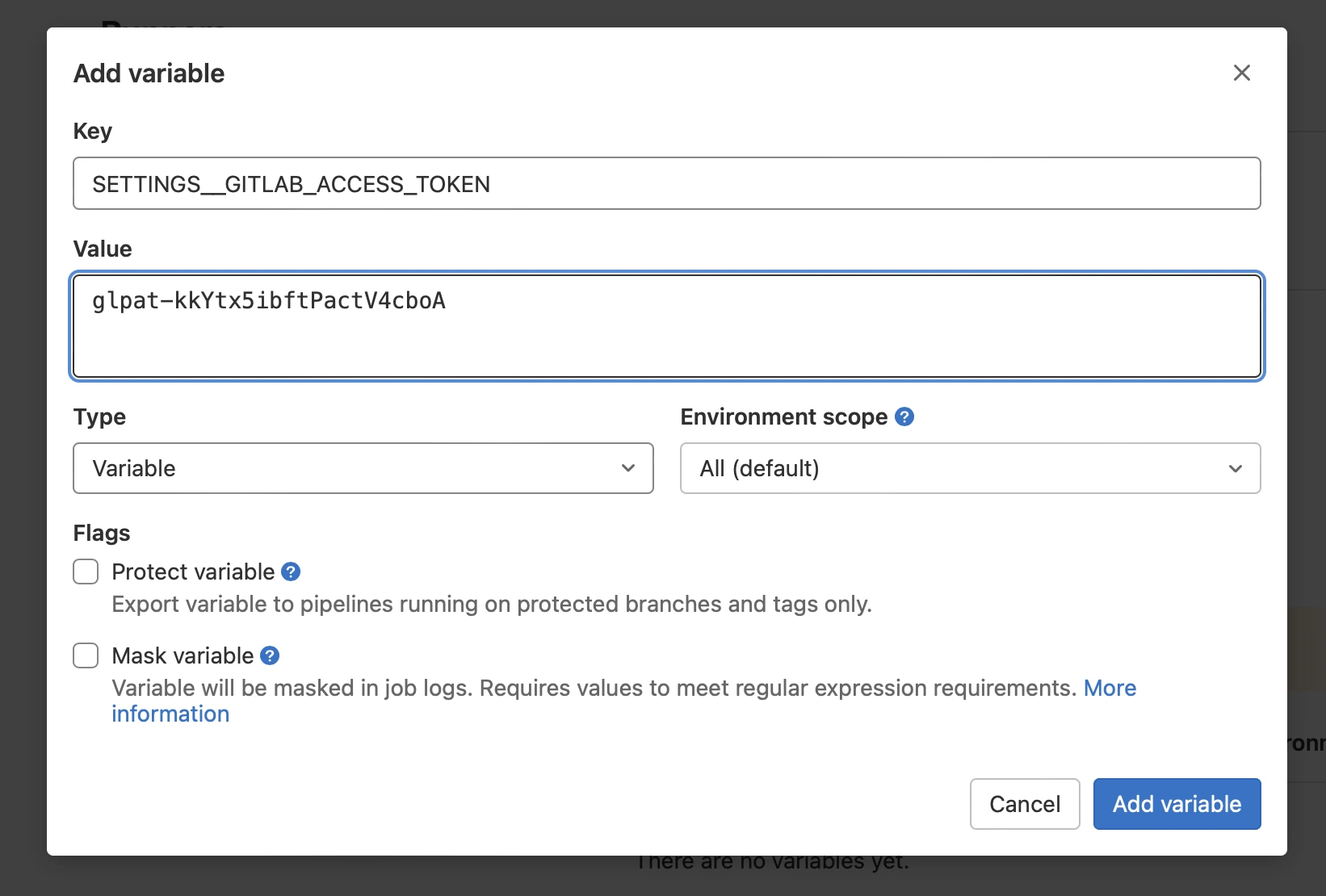 Add environment variable modal with required settings