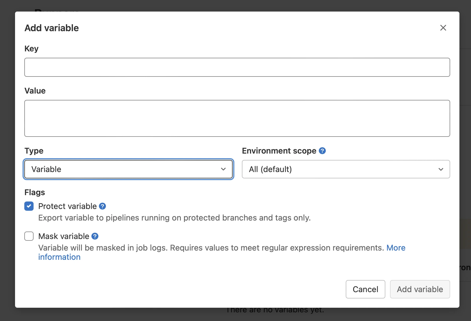 Add environment variable modal