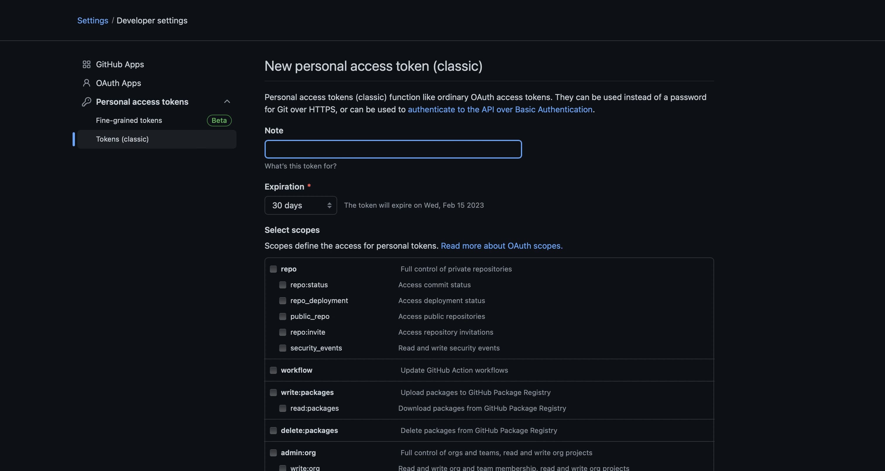 GitHub personal access token classic page