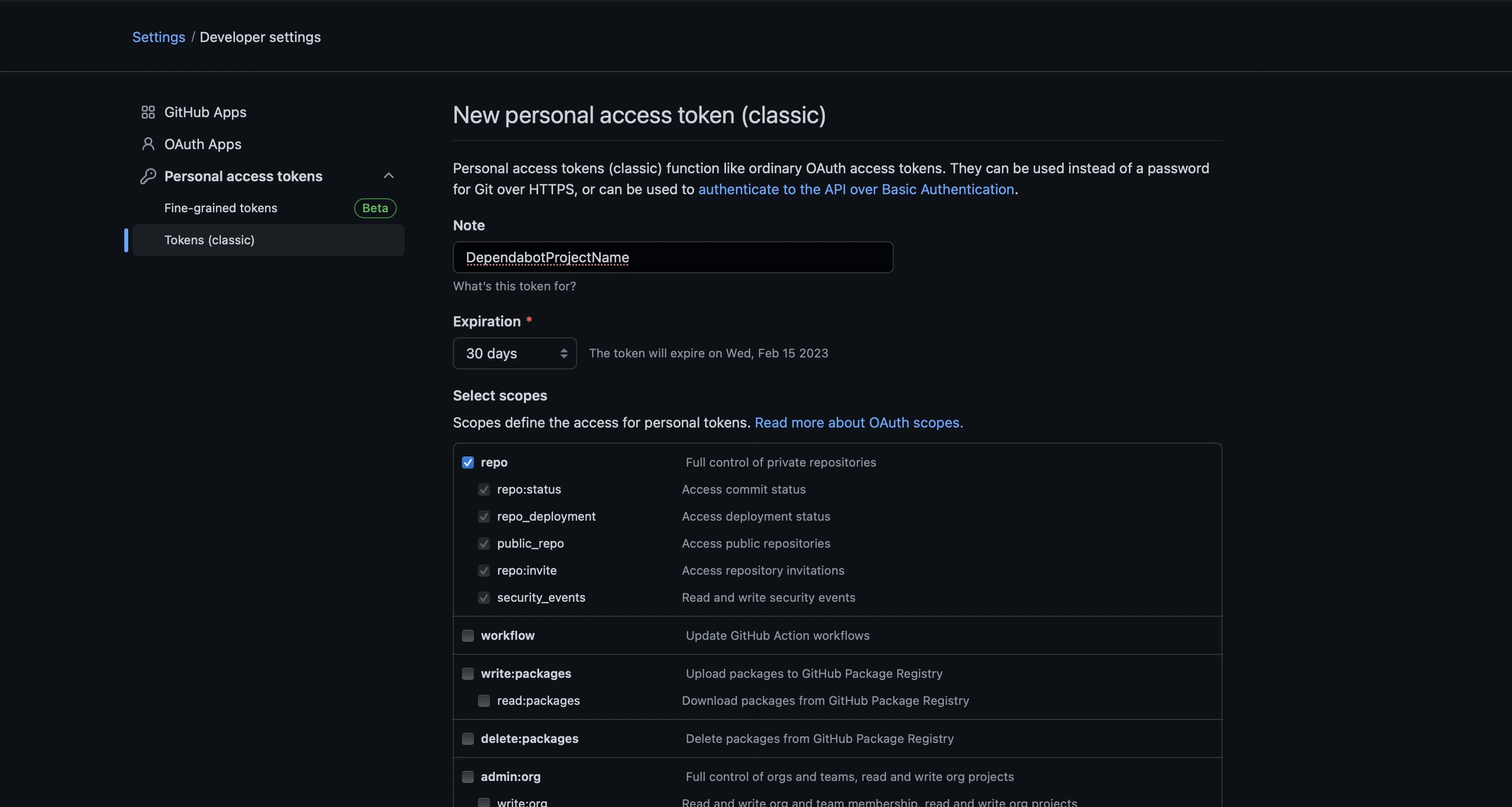 GitHub personal access token page with required settings