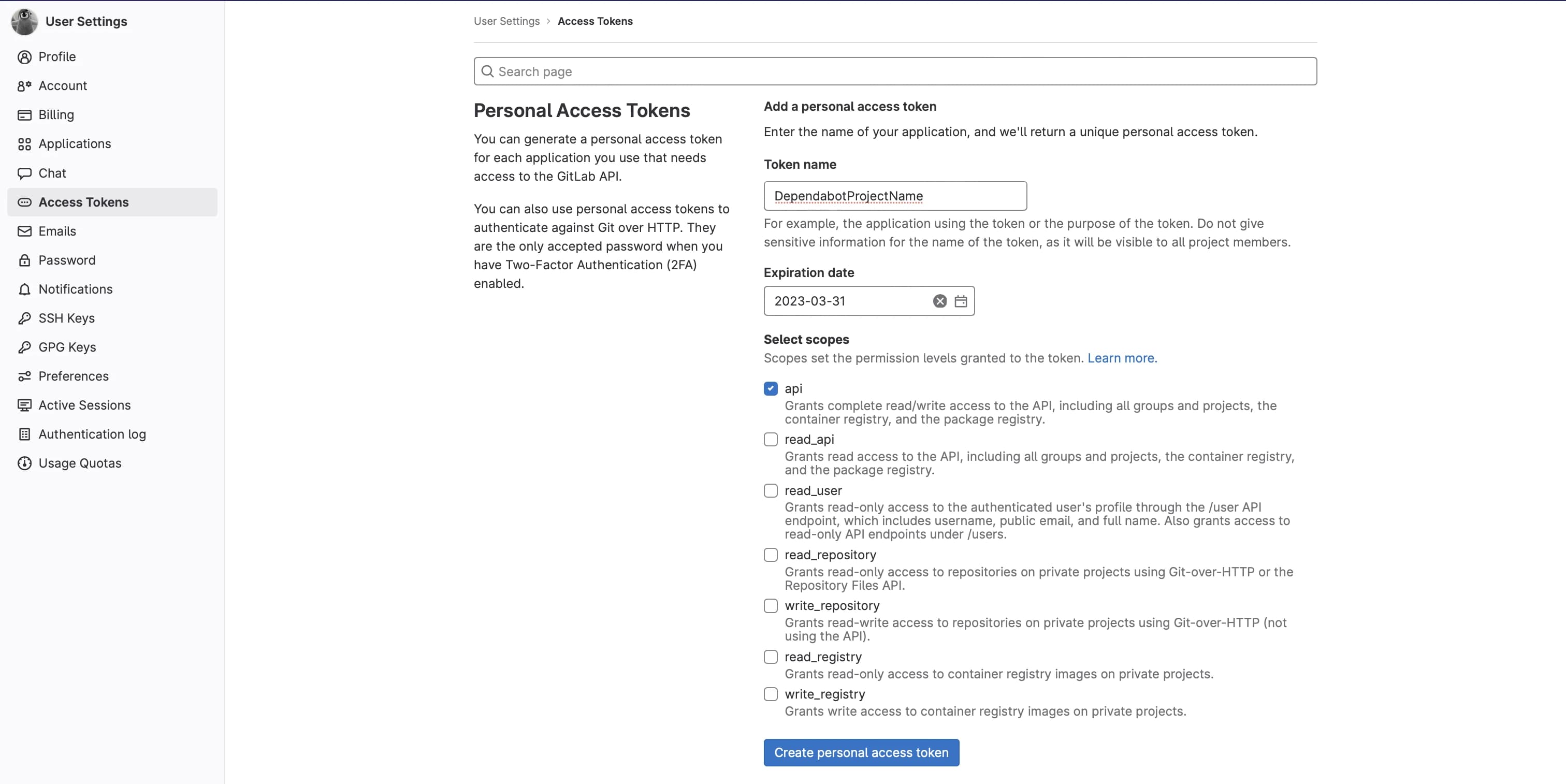 GitLab personal access token page with required settings