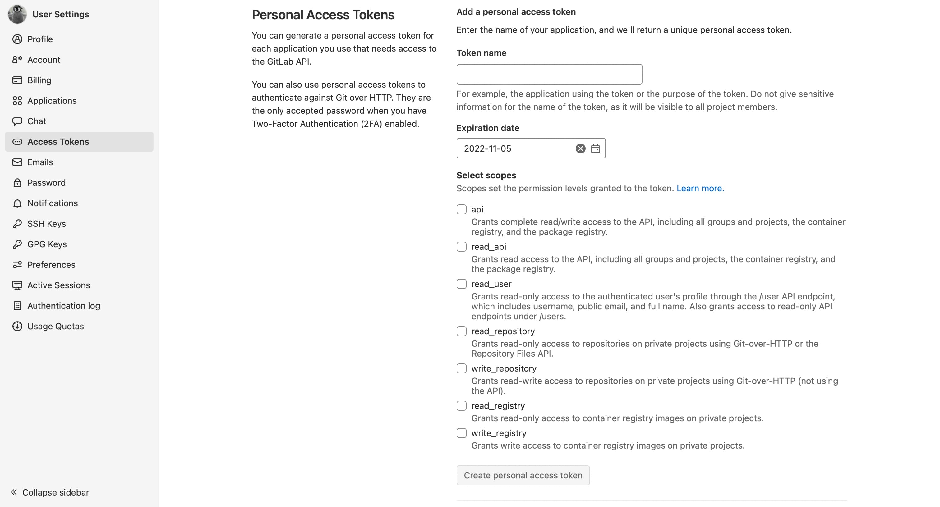 GitLab personal access token page